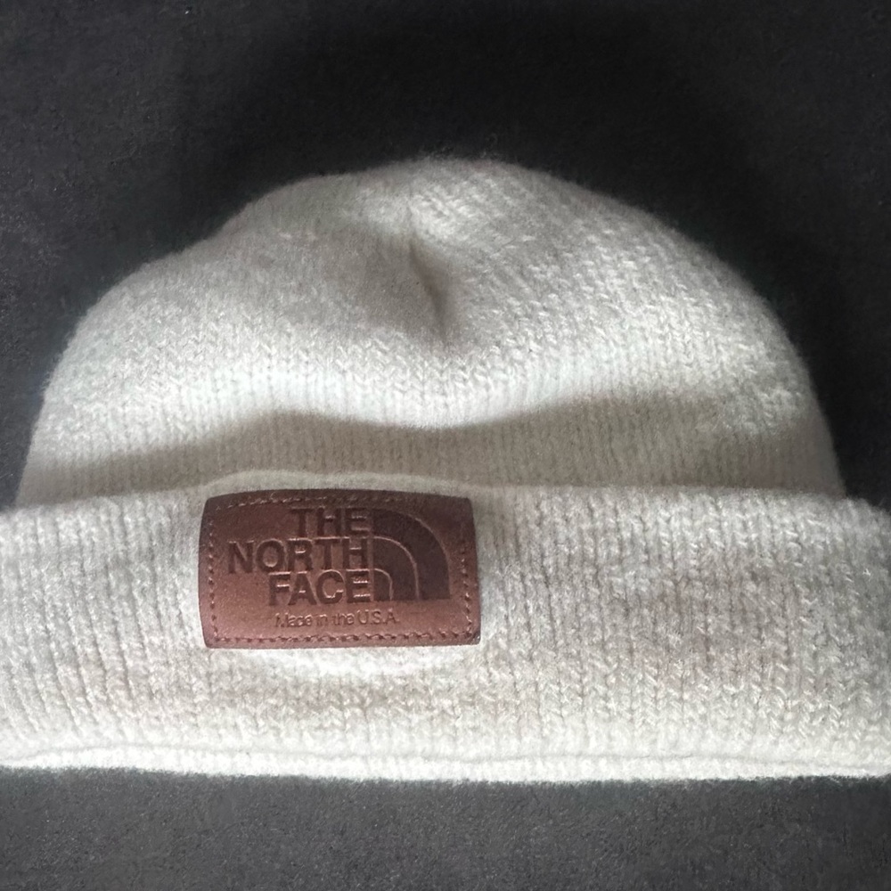 The North Face Cream Beanie with Brown Patch